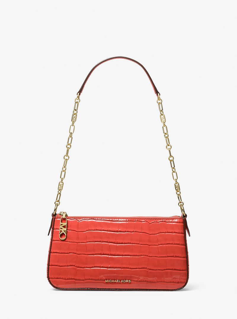 Empire Medium Crocodile Embossed Leather Chain-Link Shoulder Bag (SPICED CORAL)